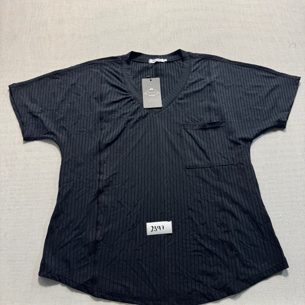Kojooin Ribbed V-Neck Pocket Tee Women Sz XL Black